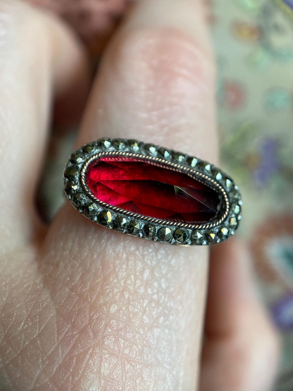 Antique Georgian French Oval Long Lozenge Foiled Garnet Paste with Marcasite Halo Ring in Silver and 18k Gold, 18th c, Cluster, Surround, Faceted