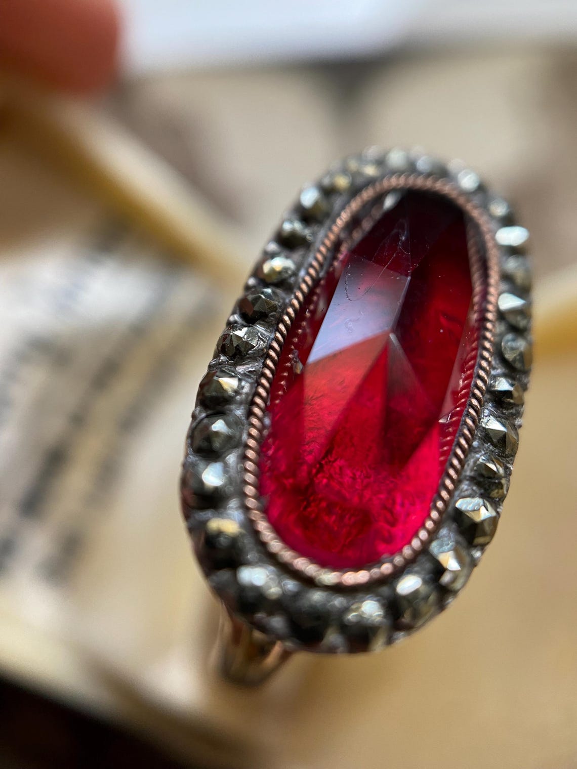 Antique Georgian French Oval Long Lozenge Foiled Garnet Paste with Marcasite Halo Ring in Silver and 18k Gold, 18th c, Cluster, Surround, Faceted