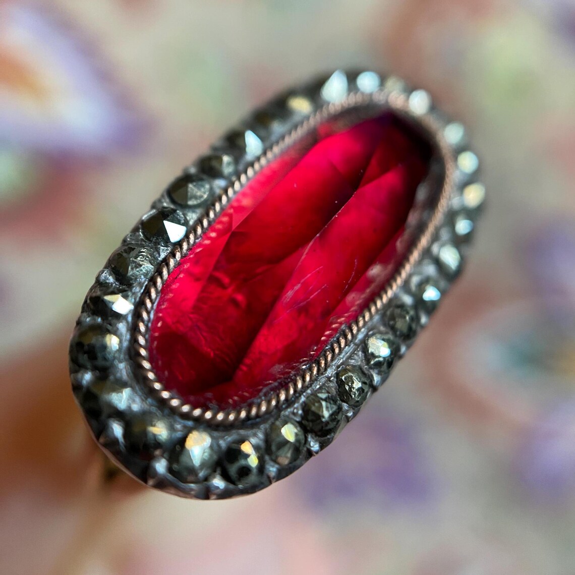 Antique Georgian French Oval Long Lozenge Foiled Garnet Paste with Marcasite Halo Ring in Silver and 18k Gold, 18th c, Cluster, Surround, Faceted