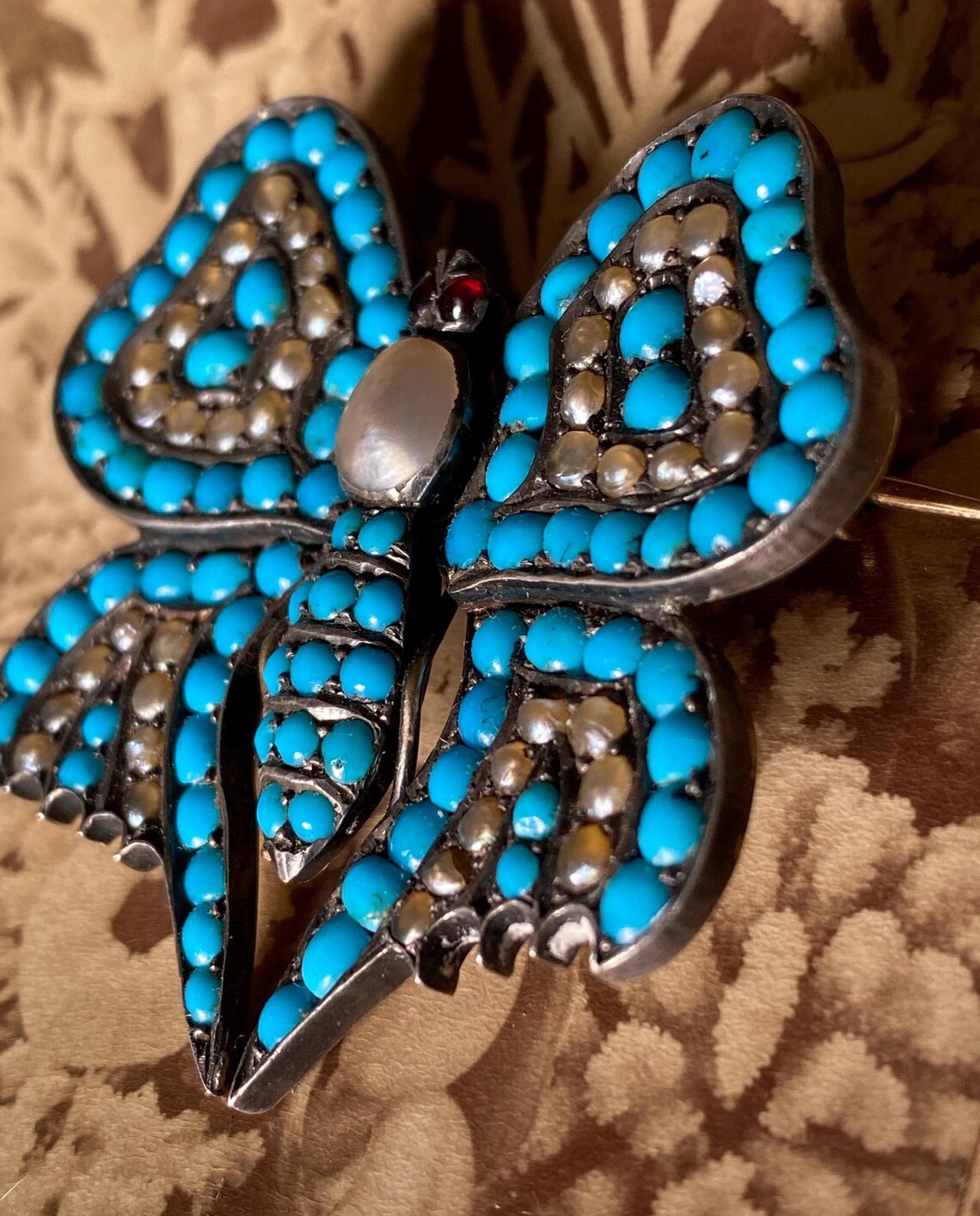 Antique Early Victorian Turquoise & Pearl Pave Butterfly Brooch with Garnet Eyes in Silver and 10k Gold circa 1800, Georgian, Bug, Insect, Pin, 1800's