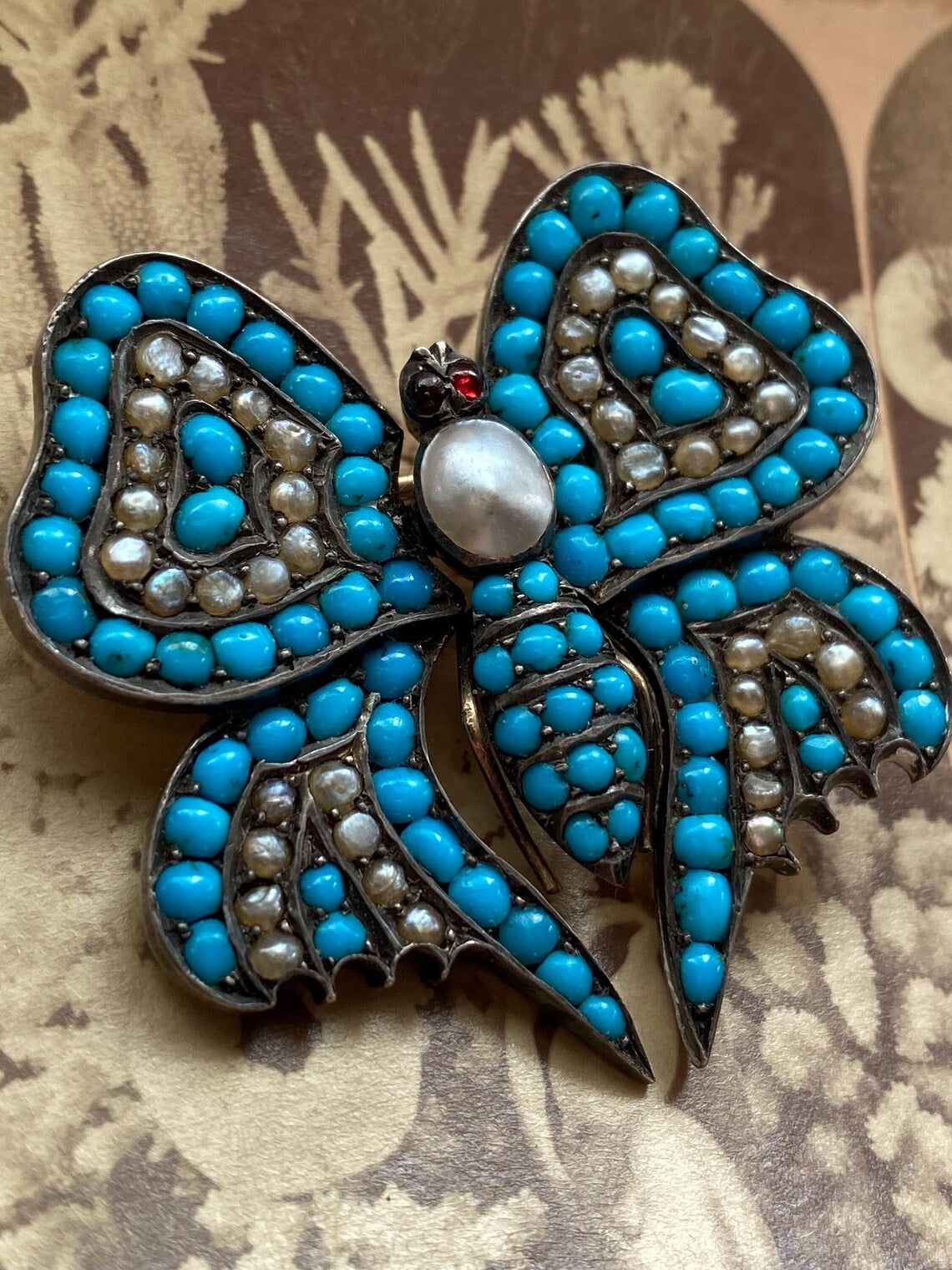 Antique Early Victorian Turquoise & Pearl Pave Butterfly Brooch with Garnet Eyes in Silver and 10k Gold circa 1800, Georgian, Bug, Insect, Pin, 1800's