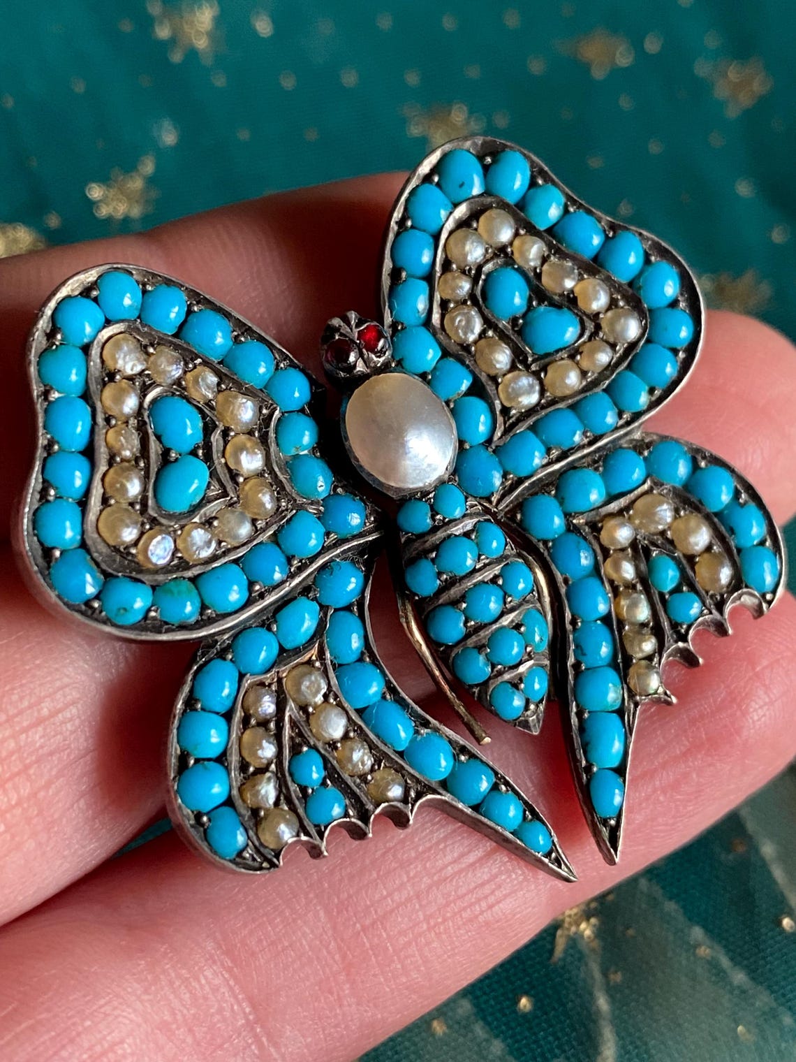 Antique Early Victorian Turquoise & Pearl Pave Butterfly Brooch with Garnet Eyes in Silver and 10k Gold circa 1800, Georgian, Bug, Insect, Pin, 1800's