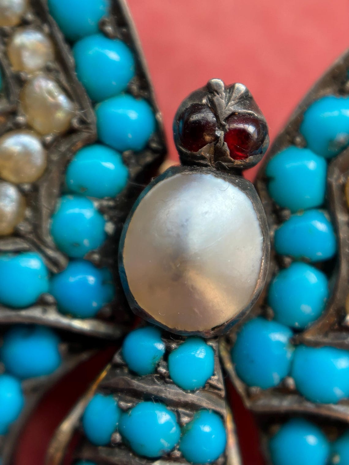 Antique Early Victorian Turquoise & Pearl Pave Butterfly Brooch with Garnet Eyes in Silver and 10k Gold circa 1800, Georgian, Bug, Insect, Pin, 1800's