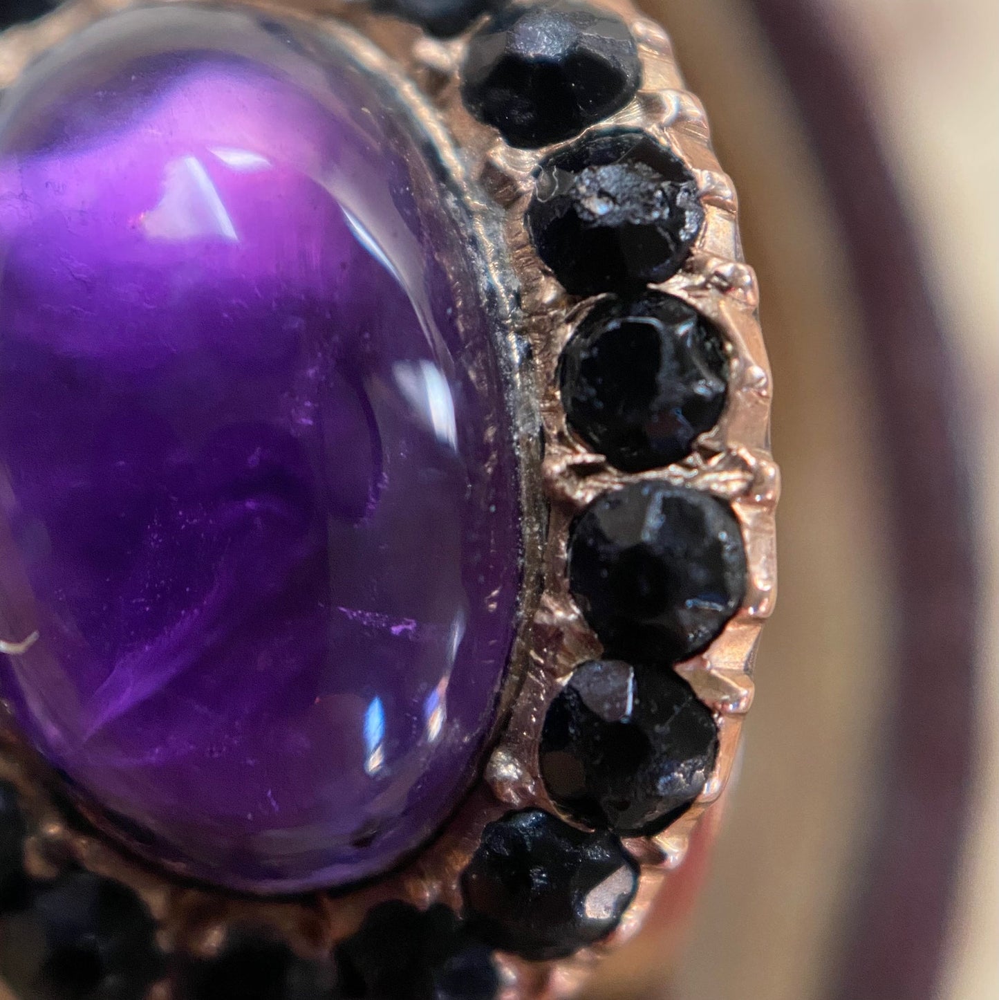 Antique Georgian Mourning Ring for a Young Boy with Foiled Amethyst and Jet Surround in 9k Rose Gold, Memorial, Sentimental, 1800's