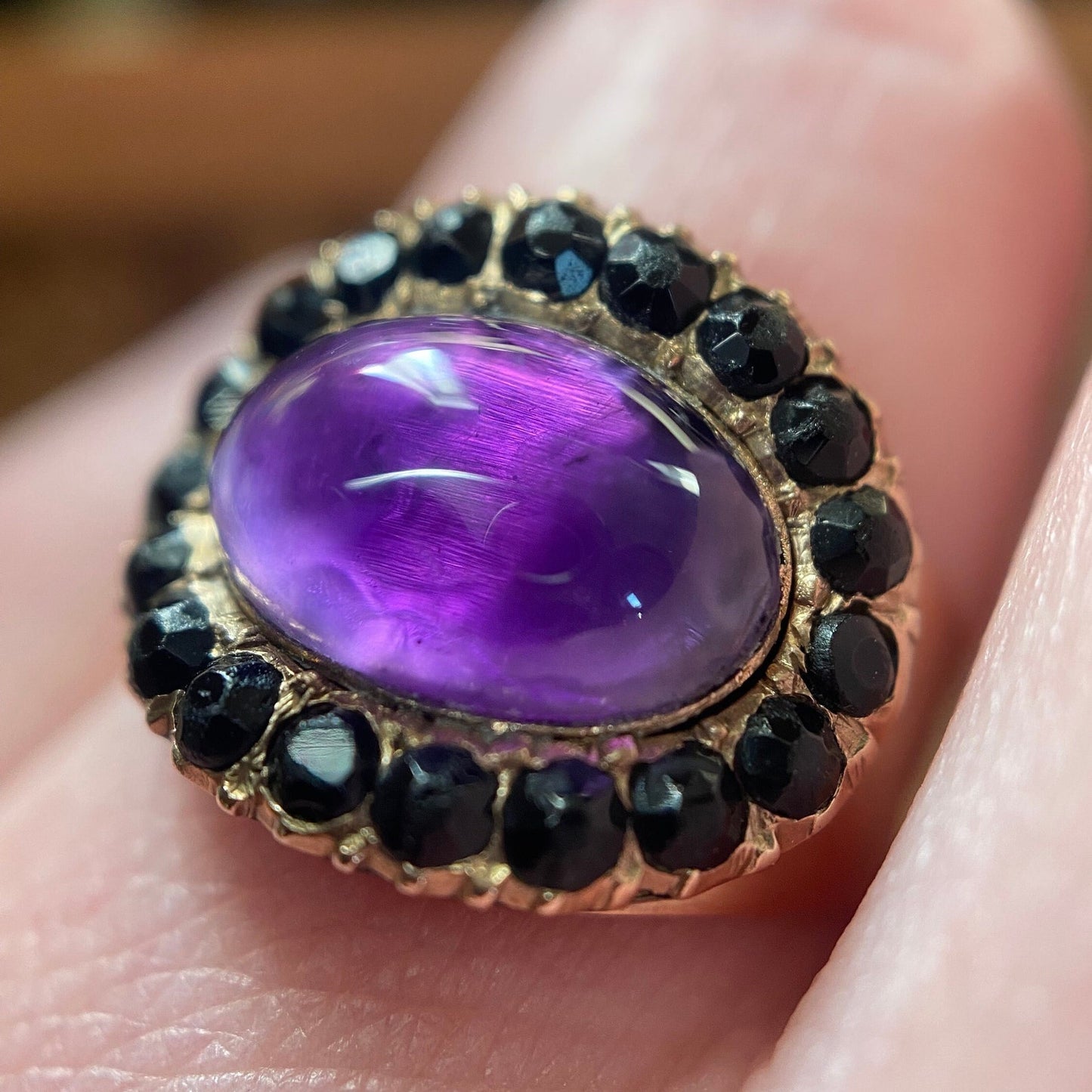 Antique Georgian Mourning Ring for a Young Boy with Foiled Amethyst and Jet Surround in 9k Rose Gold, Memorial, Sentimental, 1800's