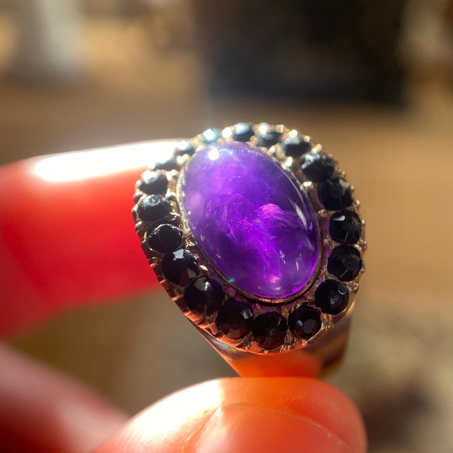 Antique Georgian Mourning Ring for a Young Boy with Foiled Amethyst and Jet Surround in 9k Rose Gold, Memorial, Sentimental, 1800's