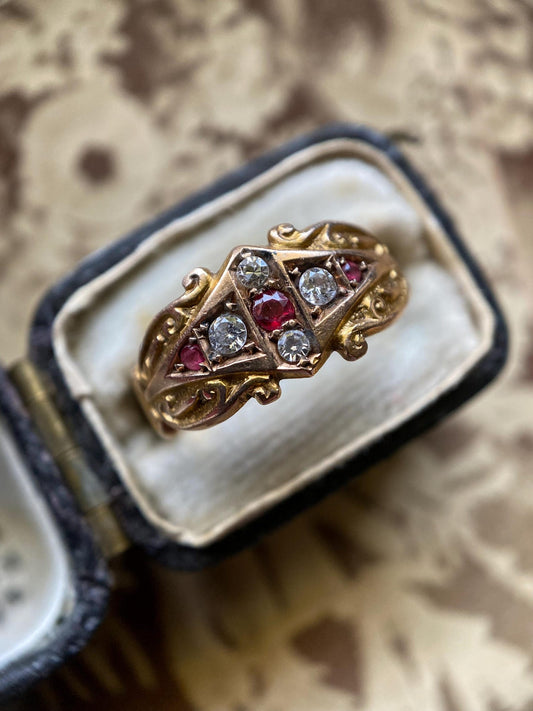 Antique Late Victorian/Early Edwardian English Foliate Motif Ruby & Diamond Ring in 15k Gold with Full Chester Hallmarks c. 1904, Vintage