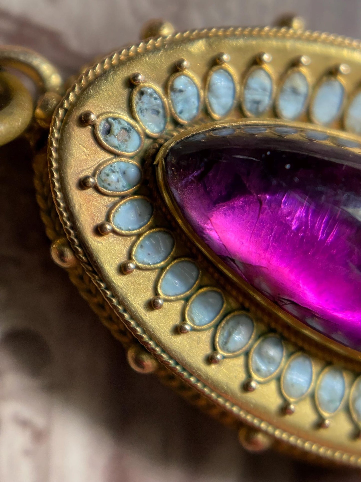 Antique Victorian Etruscan Revival Foiled Teardrop Amethyst Pendant with White Enamel Halo & Hair Locket Reverse in High Karat Gold circa 1870, 1800's, Granulation, Castellani, 15k