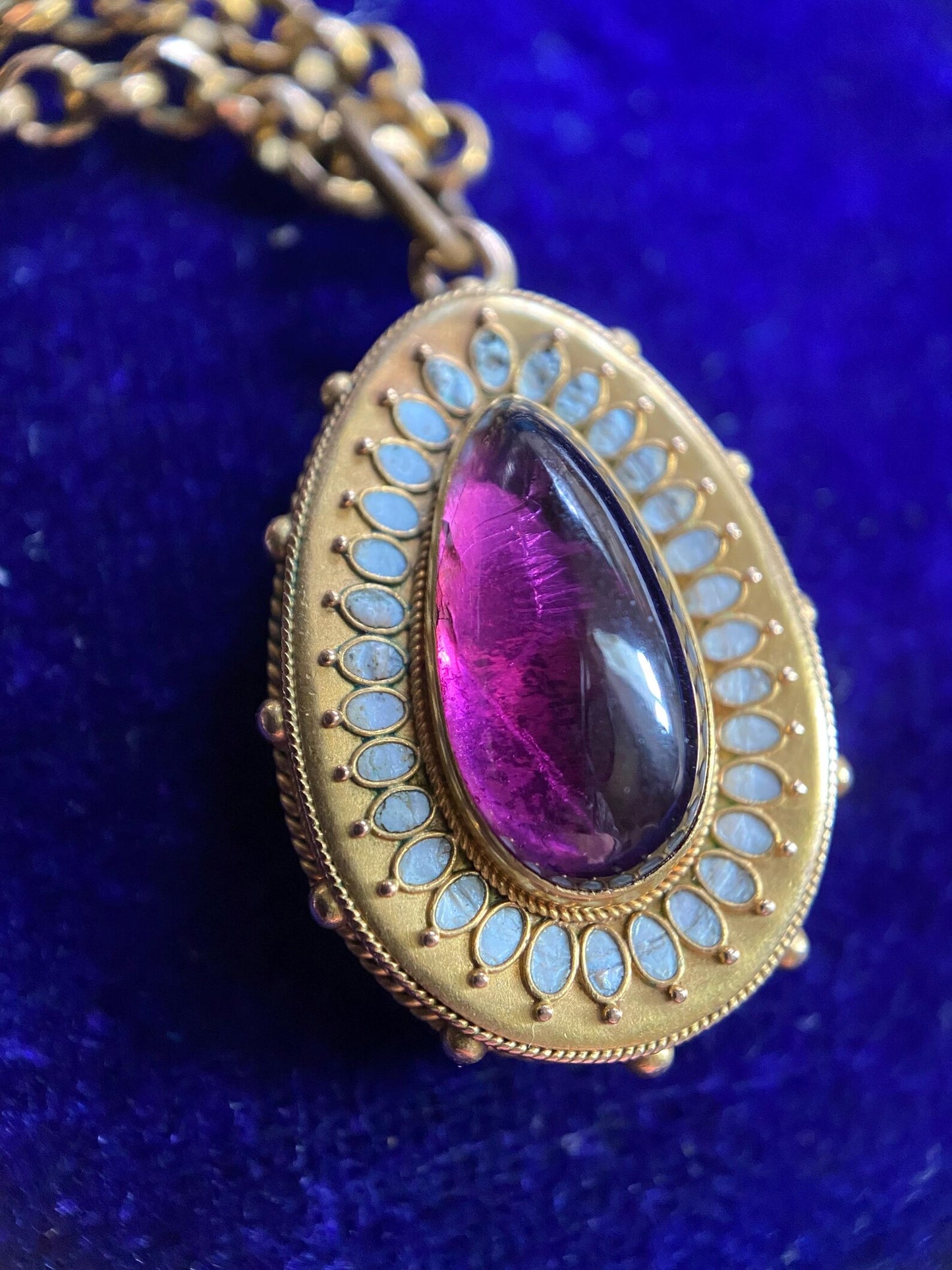 Antique Victorian Etruscan Revival Foiled Teardrop Amethyst Pendant with White Enamel Halo & Hair Locket Reverse in High Karat Gold circa 1870, 1800's, Granulation, Castellani, 15k