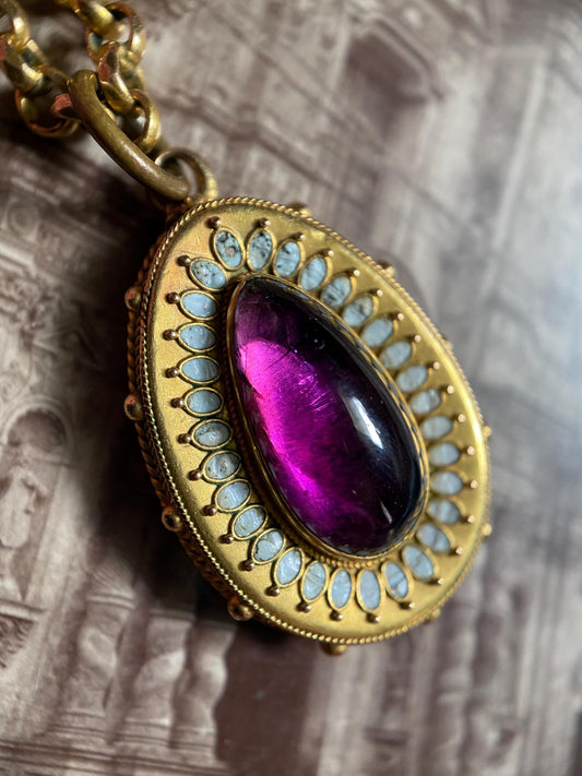 Antique Victorian Etruscan Revival Foiled Teardrop Amethyst Pendant with White Enamel Halo & Hair Locket Reverse in High Karat Gold circa 1870, 1800's, Granulation, Castellani, 15k