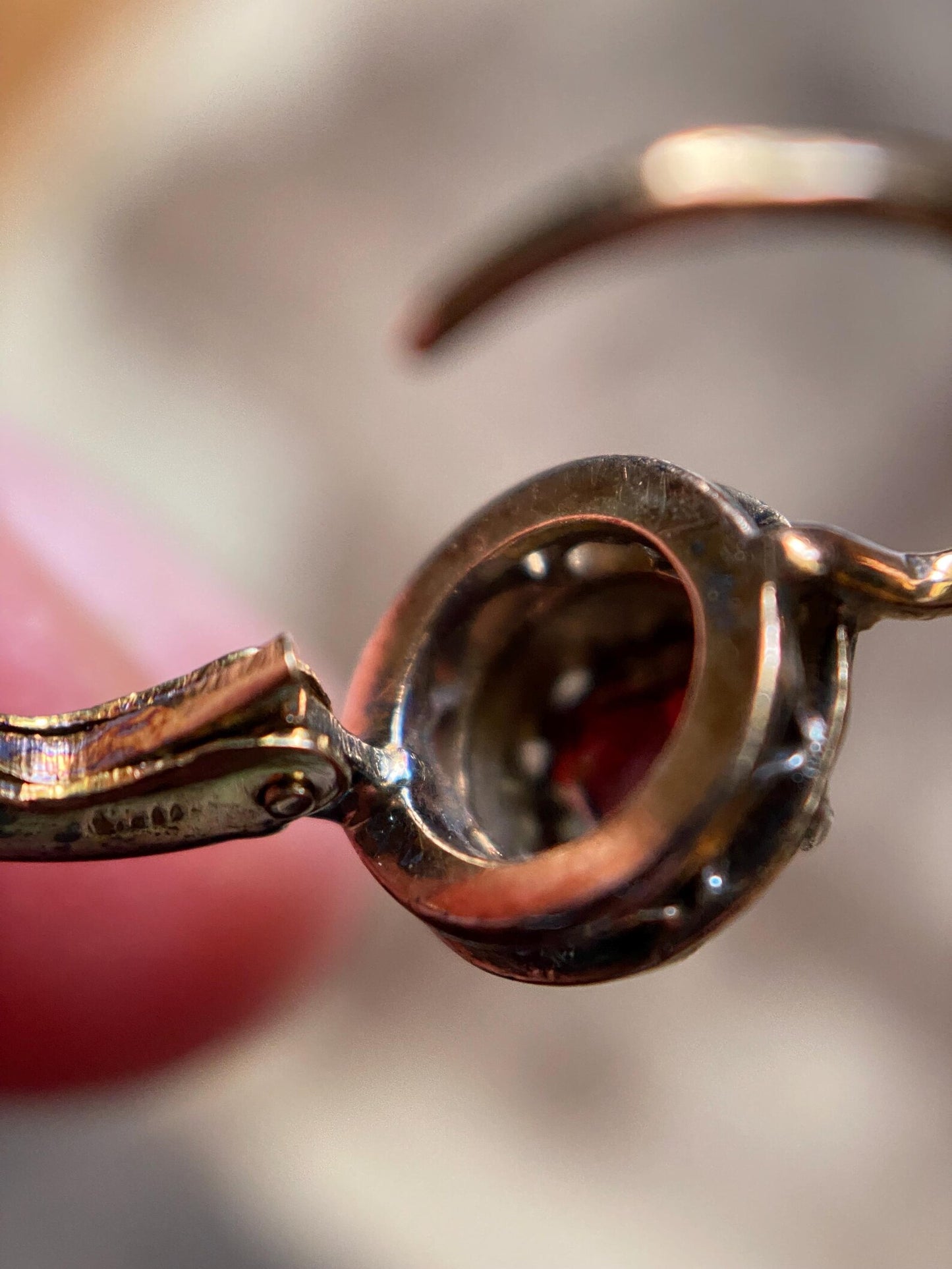 Antique Late Georgian French Rose-Cut Collet Set Garnet Drop Dormeuse Lever Back Earrings in 18k Gold and Silver c. 1850, Sleepers, Dangle, Huggie Hoops, 19th Century, 1800's