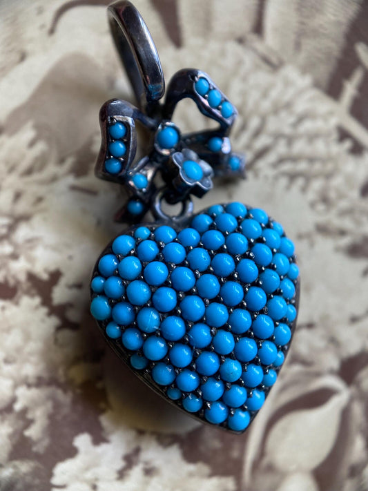 Antique Victorian Articulated Faux Turquoise Pave Heart Pendant with Locket Back, Bow and Flower Bale in Silver c. 1890's, Drop, Dangle, Necklace, Charm, 19th Century