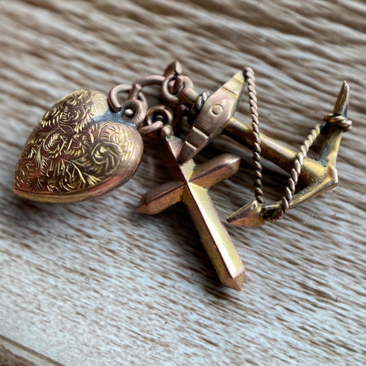 Antique Victorian Hope Faith and Charity Triple Charm with Puffy Heart, Cross & Anchor in 9k Rose Gold, Pendant, Bracelet, Necklace, 1800's