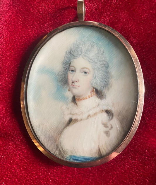 Antique Georgian Large Watercolor Portrait Miniature Pendant of Fashionable Woman with Coral Jewelry in Rose Gold, 18th Century, 1700's