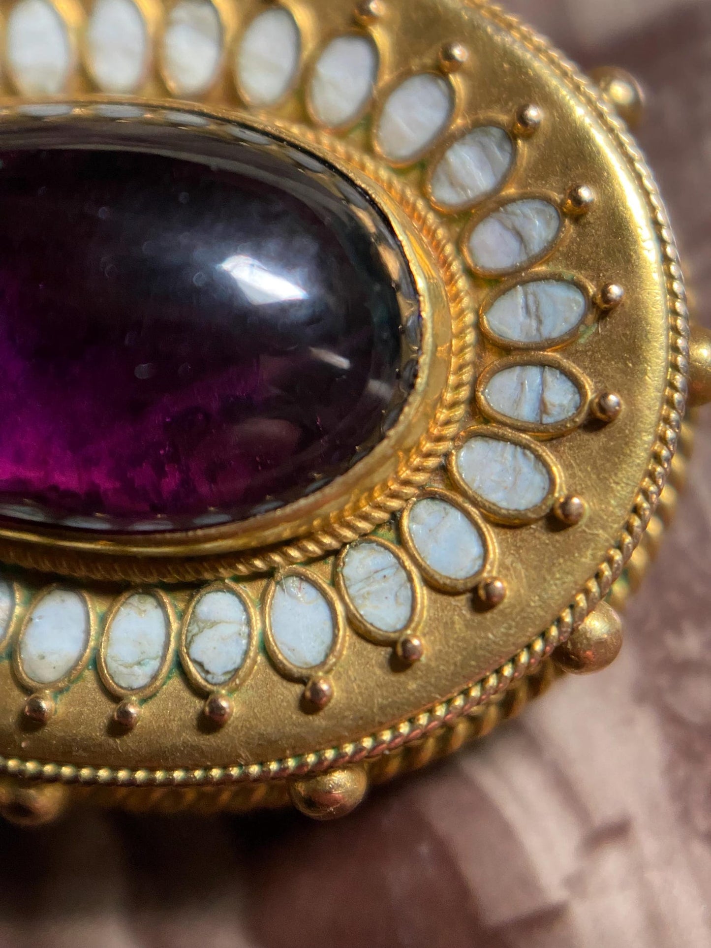 Antique Victorian Etruscan Revival Foiled Teardrop Amethyst Pendant with White Enamel Halo & Hair Locket Reverse in High Karat Gold circa 1870, 1800's, Granulation, Castellani, 15k