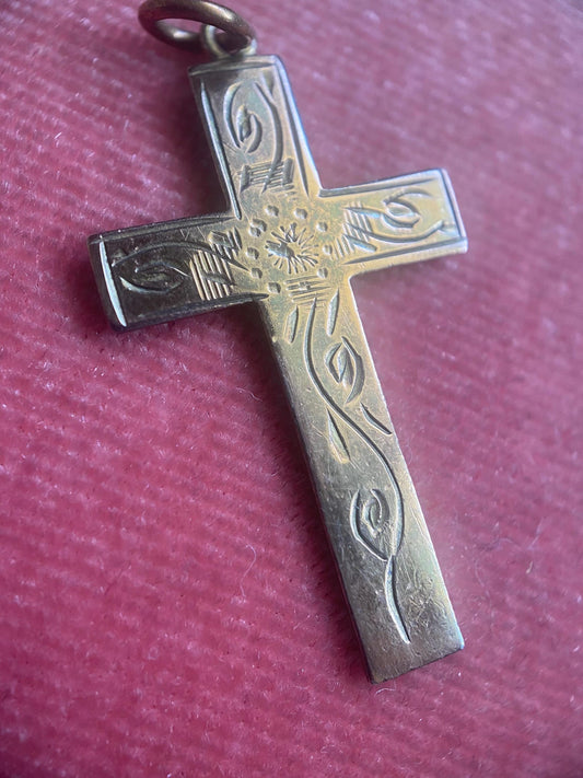 Antique Victorian Cross Pendant with Engraved Floral Motifs in 9k Gold, Charm, Devotional, Religious, Vintage, Necklace, Edwardian
