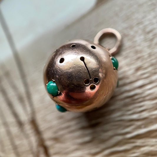 Antique Victorian Turquoise Studded Vinaigrette Orb Locket Pendant in 14k Rose Gold c. 1890, Pomander, Charm, Ball, Sphere, 1800's, Opening