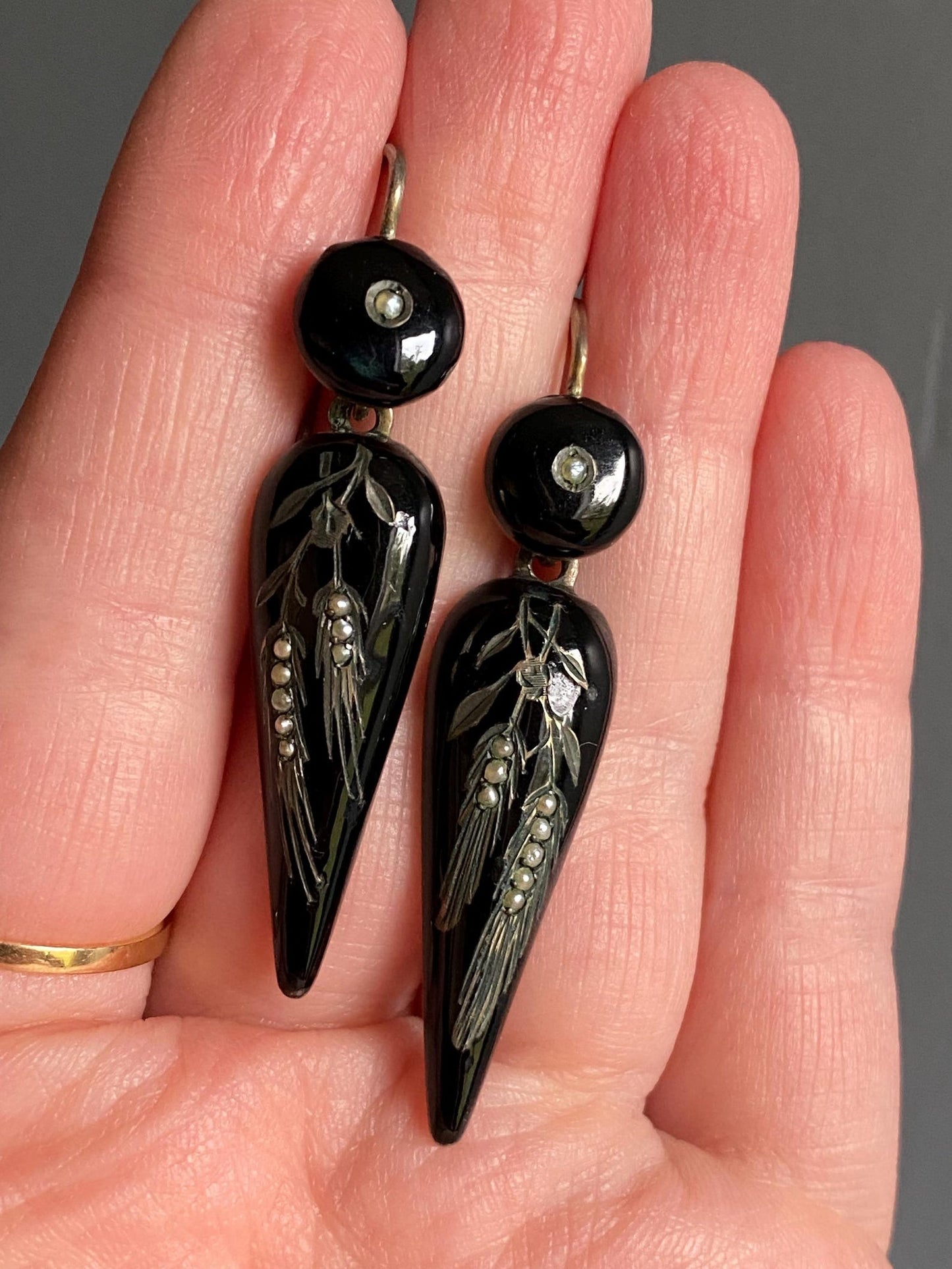 Antique Victorian Black Enamel Wheatsheaf Long Dangle Torpedo Mourning Earrings with Seed Pearls in Silver c. 1880, Drop, 1800s, Articulated