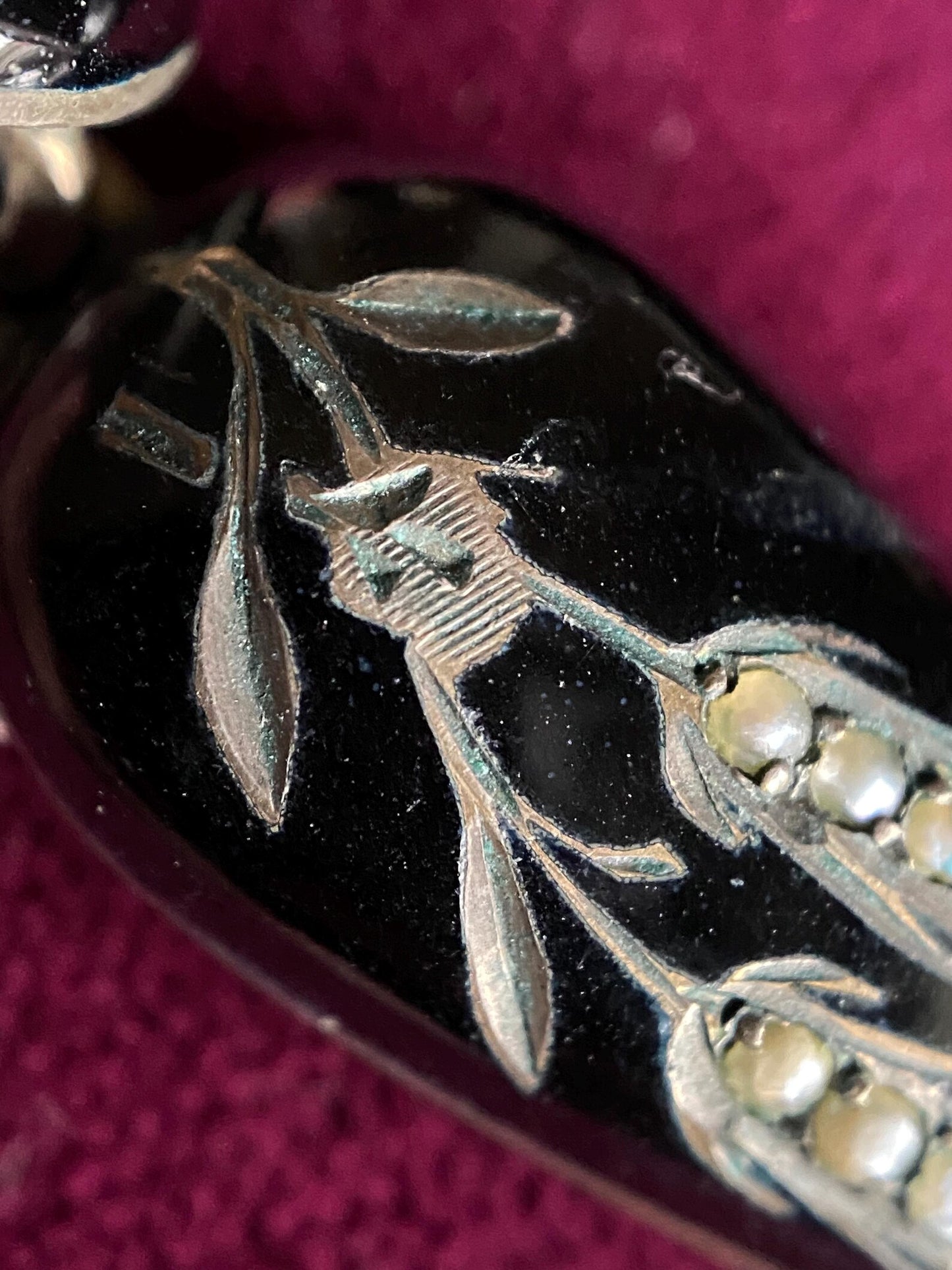 Antique Victorian Black Enamel Wheatsheaf Long Dangle Torpedo Mourning Earrings with Seed Pearls in Silver c. 1880, Drop, 1800s, Articulated