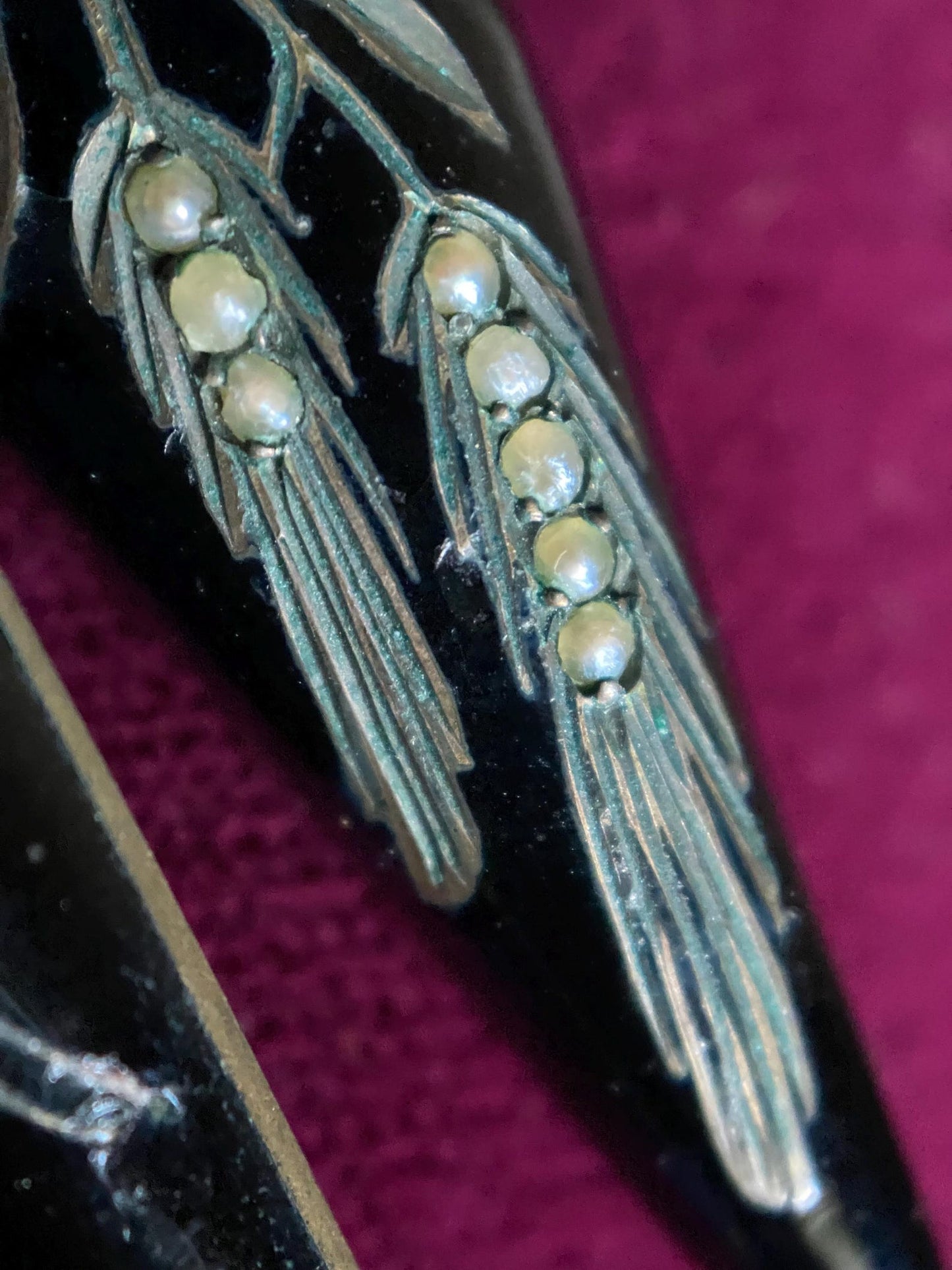 Antique Victorian Black Enamel Wheatsheaf Long Dangle Torpedo Mourning Earrings with Seed Pearls in Silver c. 1880, Drop, 1800s, Articulated
