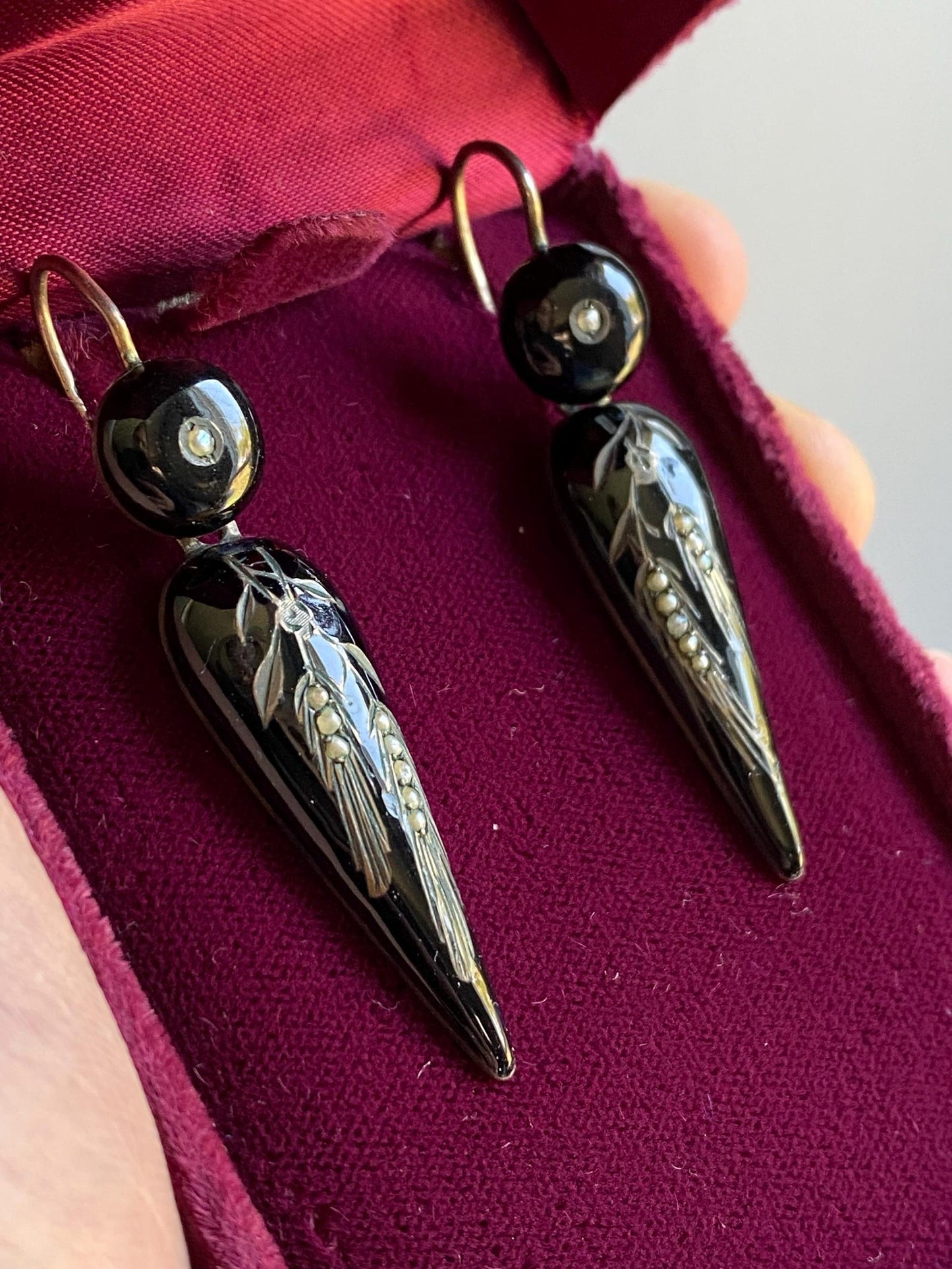 Antique Victorian Black Enamel Wheatsheaf Long Dangle Torpedo Mourning Earrings with Seed Pearls in Silver c. 1880, Drop, 1800s, Articulated