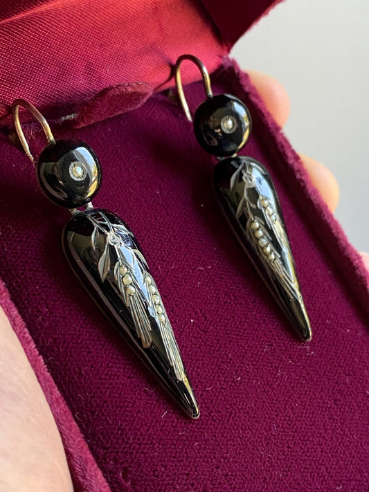 Antique Victorian Black Enamel Wheatsheaf Long Dangle Torpedo Mourning Earrings with Seed Pearls in Silver c. 1880, Drop, 1800s, Articulated