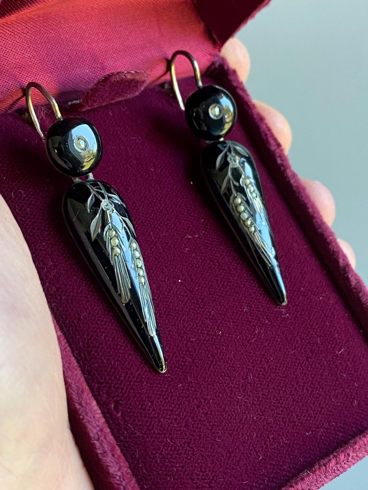 Antique Victorian Black Enamel Wheatsheaf Long Dangle Torpedo Mourning Earrings with Seed Pearls in Silver c. 1880, Drop, 1800s, Articulated