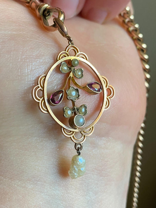 Antique Edwardian Round Openwork Floral Pattern Pendant with Berry Pink Garnets, Seed Pearls & Baroque Pearl Dangle in 9k Gold circa 1910, Drop, Necklace, 1900's, Art Nouveau