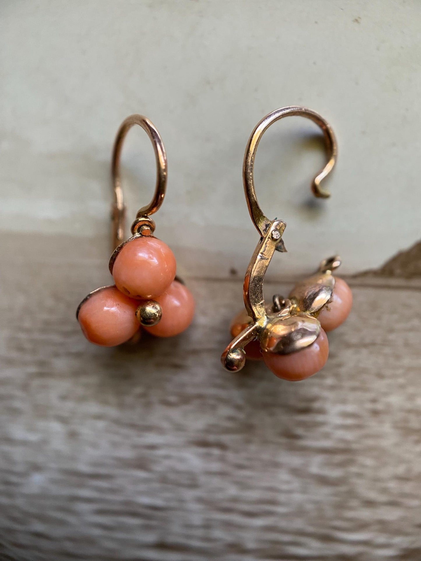 Antique Victorian Beidermeier Triple Coral Cabochon Trefoil Sleeper Hoop Earrings in 14k Gold, Dangle, Drop, 1800's, Dormeuse, Dainty, Clover
