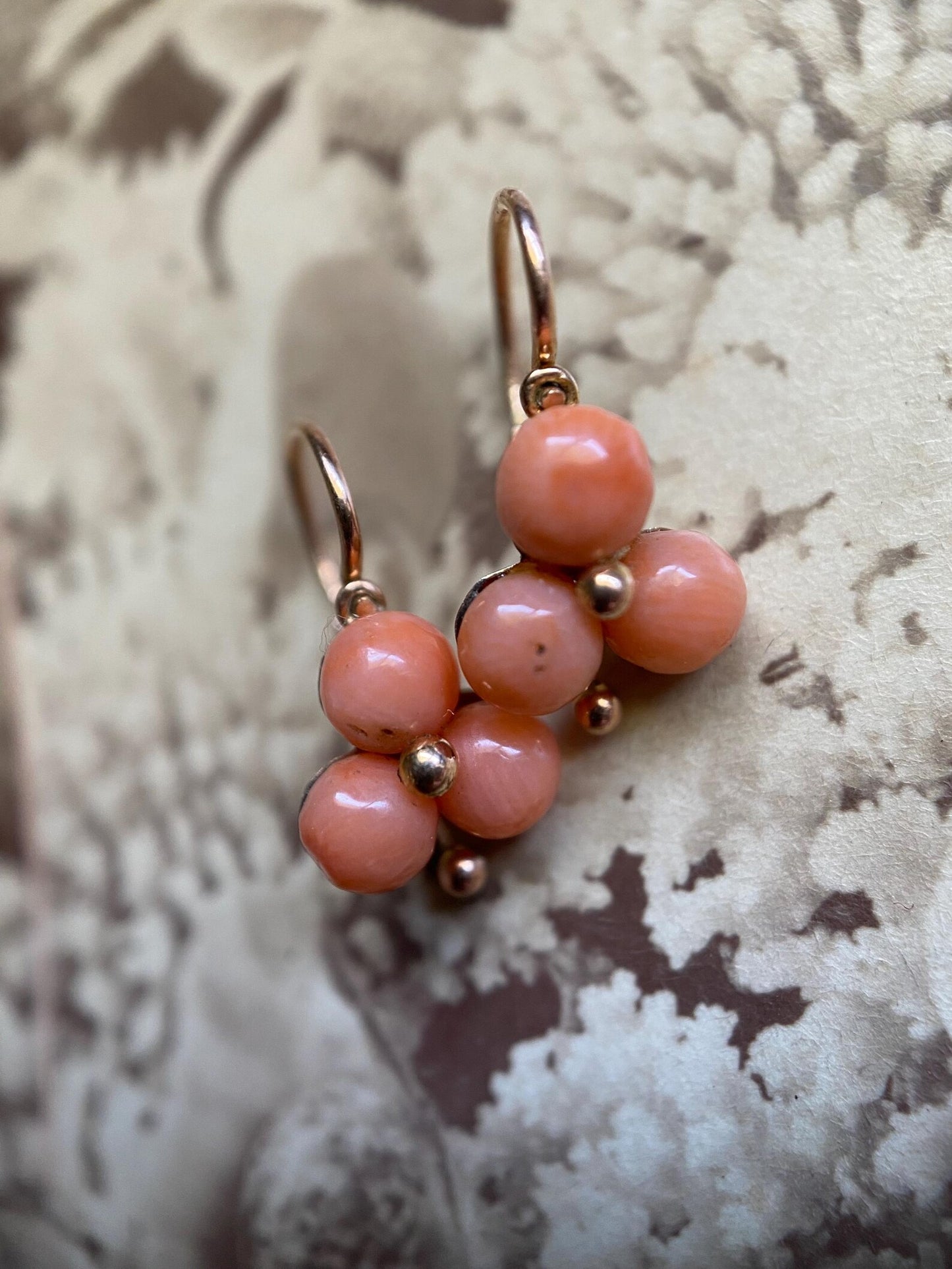 Antique Victorian Beidermeier Triple Coral Cabochon Trefoil Sleeper Hoop Earrings in 14k Gold, Dangle, Drop, 1800's, Dormeuse, Dainty, Clover