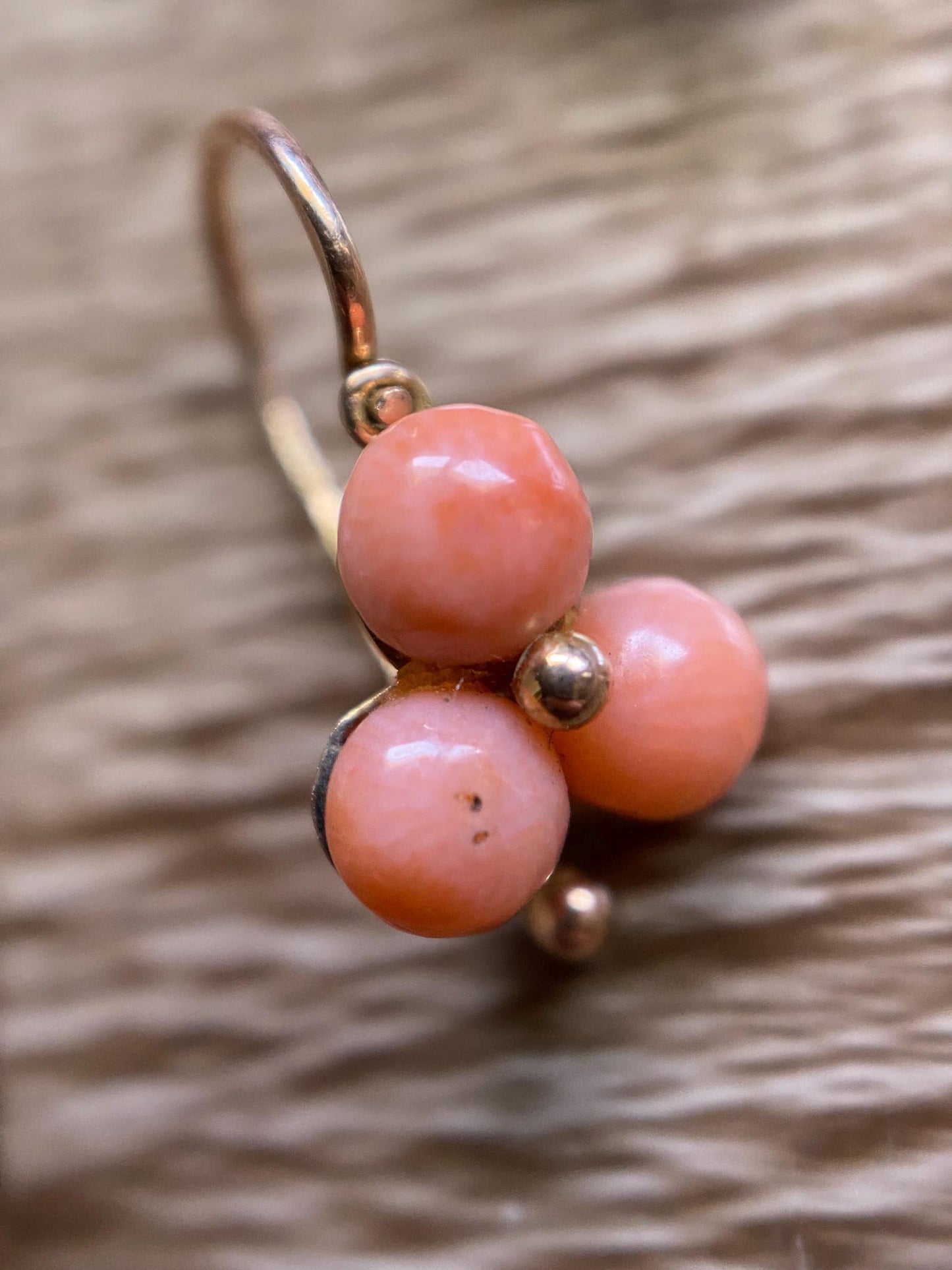 Antique Victorian Beidermeier Triple Coral Cabochon Trefoil Sleeper Hoop Earrings in 14k Gold, Dangle, Drop, 1800's, Dormeuse, Dainty, Clover
