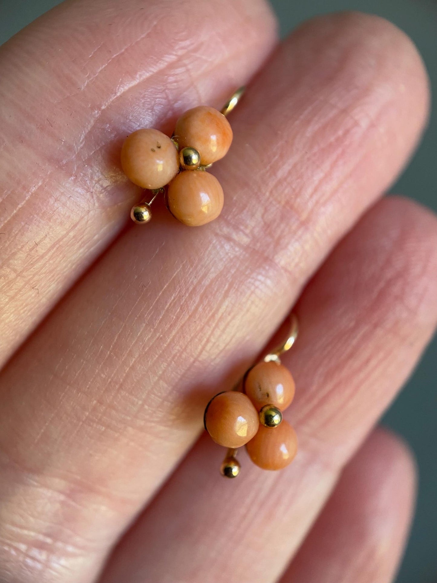 Antique Victorian Beidermeier Triple Coral Cabochon Trefoil Sleeper Hoop Earrings in 14k Gold, Dangle, Drop, 1800's, Dormeuse, Dainty, Clover