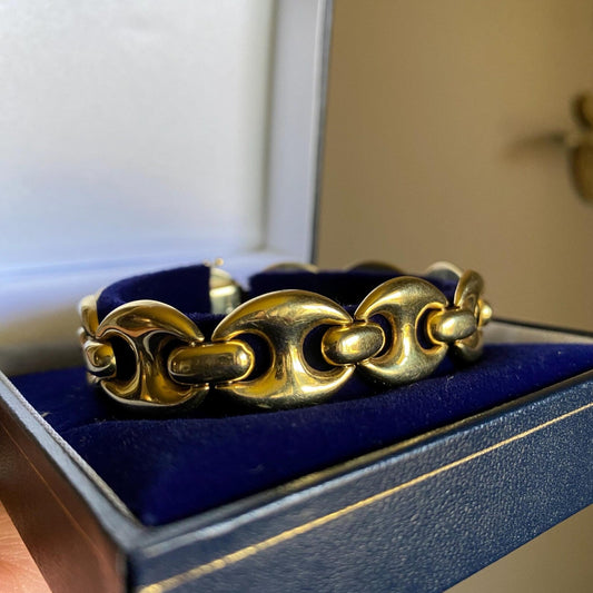 Vintage Heavy & Solid Wide Puffed Mariner Link Bracelet in Sunny 18k Gold c. 1975, Italian, Gucci, Puffy, Anchor, Stacking, Stackable, Chain