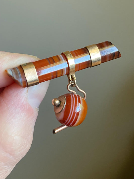 Antique Victorian Agate Bar Brooch with Dangling Tea Kettle Charm w/ 14k Gold Findings, Pin, Novelty, Teapot, 1800's, One of a Kind, Pendant, Necklace