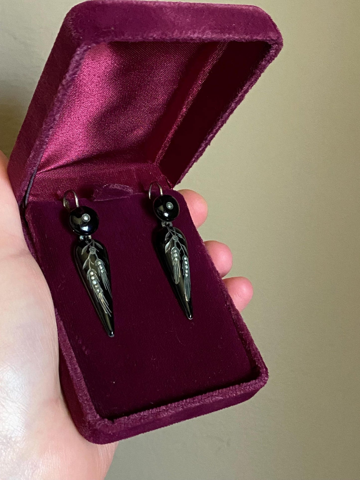 Antique Victorian Black Enamel Wheatsheaf Long Dangle Torpedo Mourning Earrings with Seed Pearls in Silver c. 1880, Drop, 1800s, Articulated