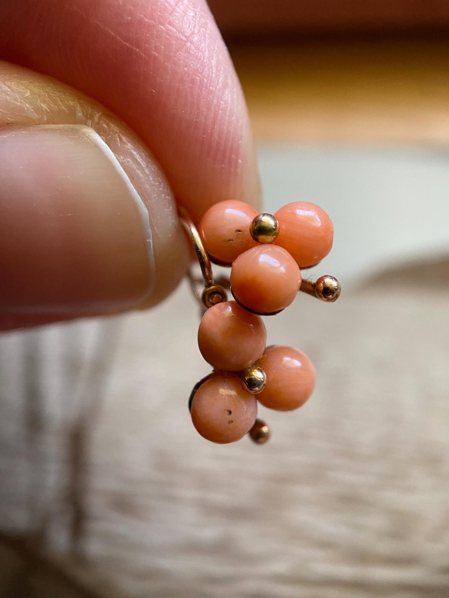 Antique Victorian Beidermeier Triple Coral Cabochon Trefoil Sleeper Hoop Earrings in 14k Gold, Dangle, Drop, 1800's, Dormeuse, Dainty, Clover