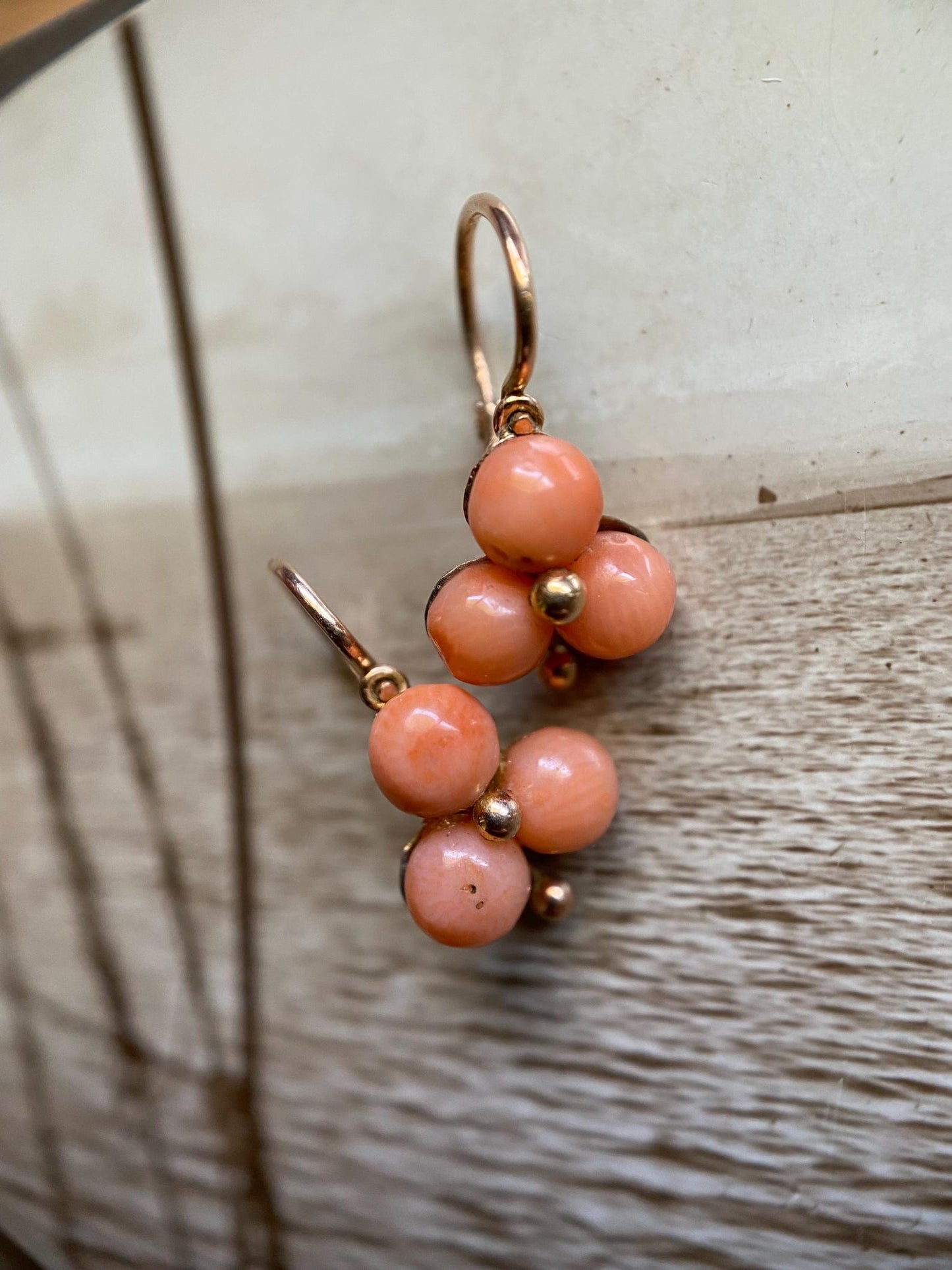 Antique Victorian Beidermeier Triple Coral Cabochon Trefoil Sleeper Hoop Earrings in 14k Gold, Dangle, Drop, 1800's, Dormeuse, Dainty, Clover