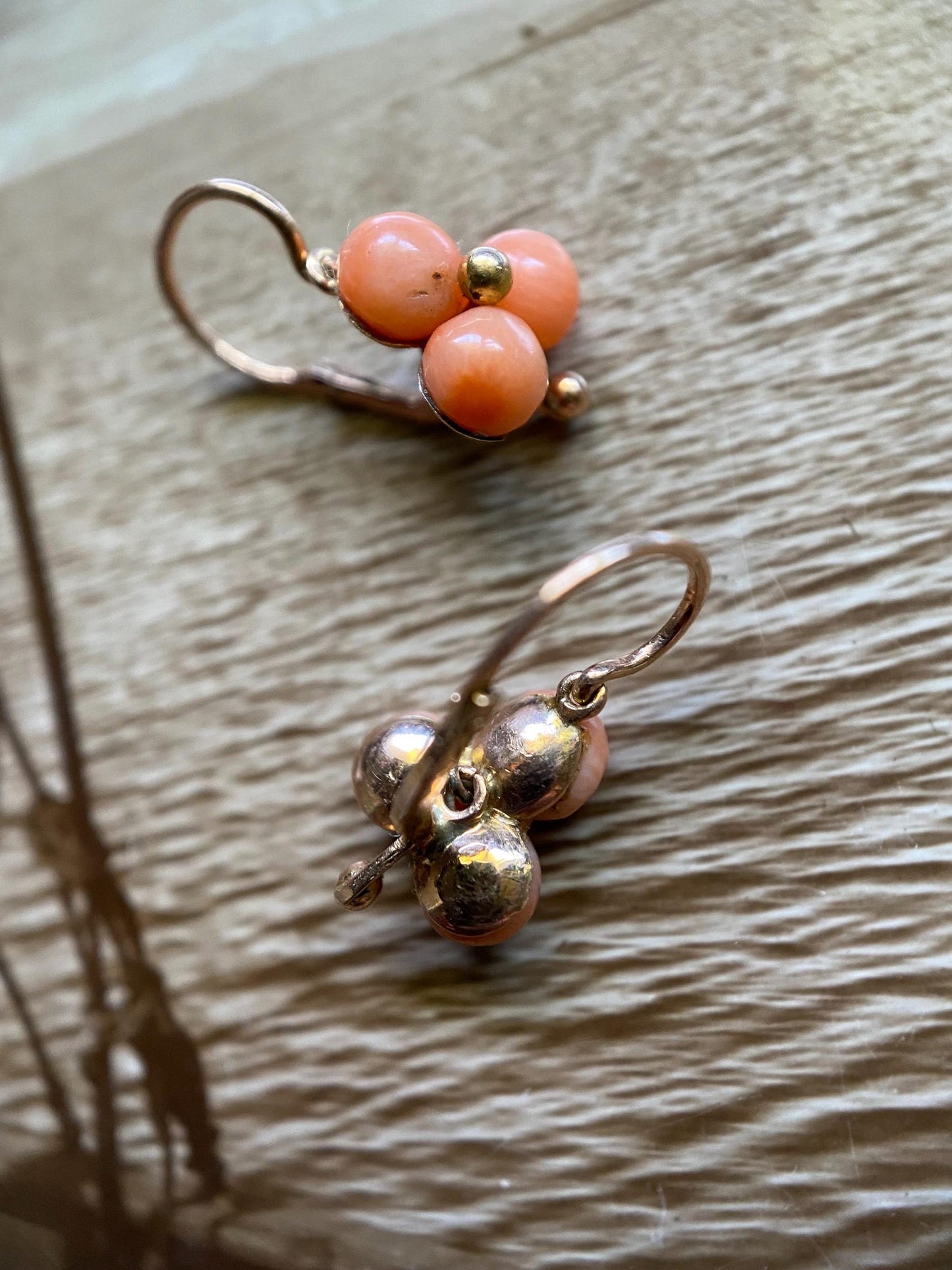 Antique Victorian Beidermeier Triple Coral Cabochon Trefoil Sleeper Hoop Earrings in 14k Gold, Dangle, Drop, 1800's, Dormeuse, Dainty, Clover
