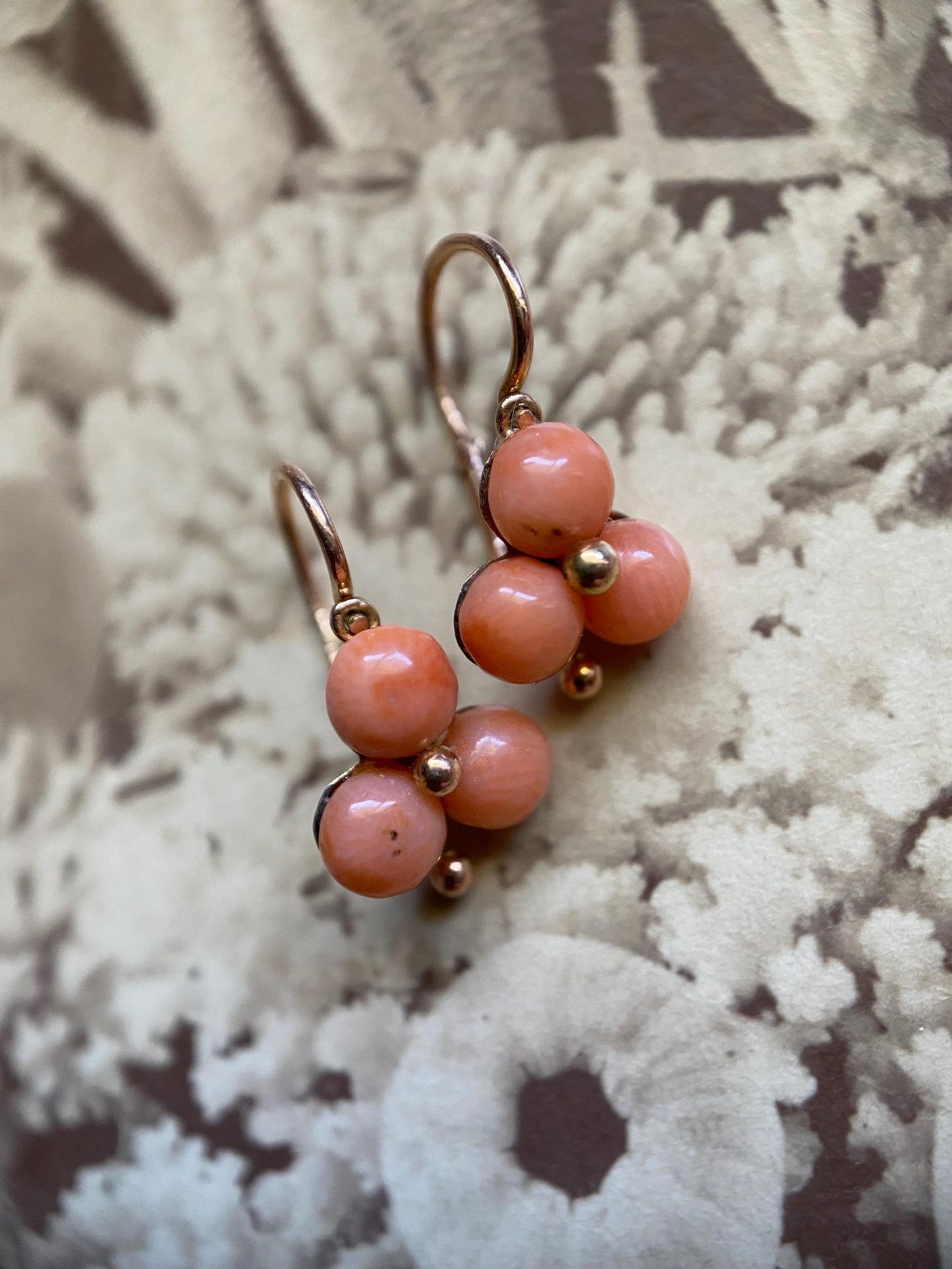 Antique Victorian Beidermeier Triple Coral Cabochon Trefoil Sleeper Hoop Earrings in 14k Gold, Dangle, Drop, 1800's, Dormeuse, Dainty, Clover