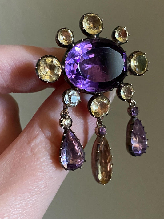 Antique Georgian Large Substantial Amethyst & Topaz Girandole Dangle Brooch in 14k Gold c. 1810, Pin, Portuguese, Iberian, 1800's, 19th Century