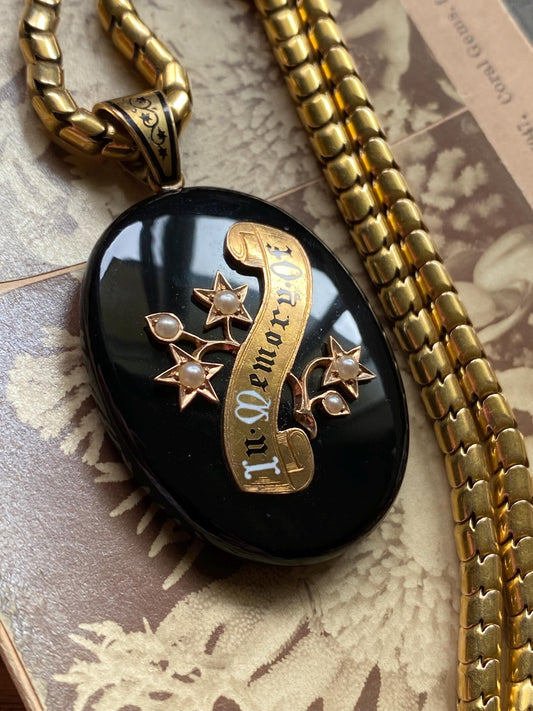 Antique Victorian Oversized Carved Onyx "In Memory Of" Locket Pendant with a Pearl Bramble of Flowers and Enameled Bale in 14k Gold, 1800's