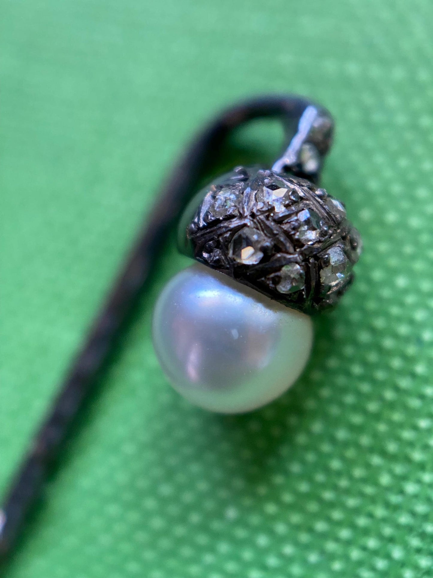 Antique Edwardian Pearl & Diamond Pave Articulated Dangling Acorn Stick Pin in Oxidized Silver c. 1910, Art Deco, En Tremblant, Figural, 1900's, Vintage,