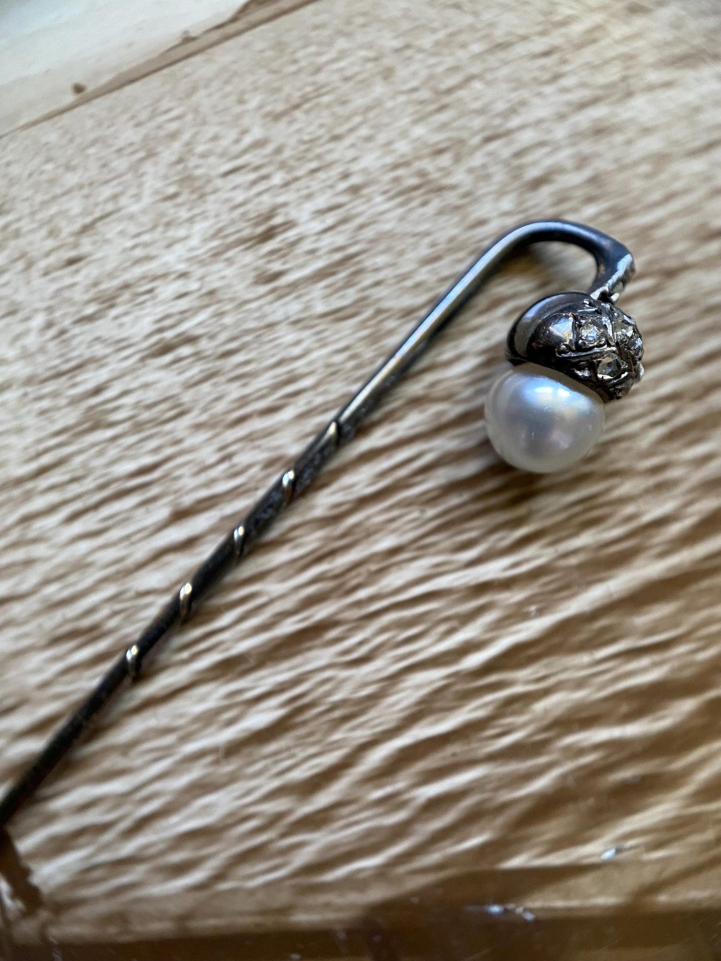 Antique Edwardian Pearl & Diamond Pave Articulated Dangling Acorn Stick Pin in Oxidized Silver c. 1910, Art Deco, En Tremblant, Figural, 1900's, Vintage,