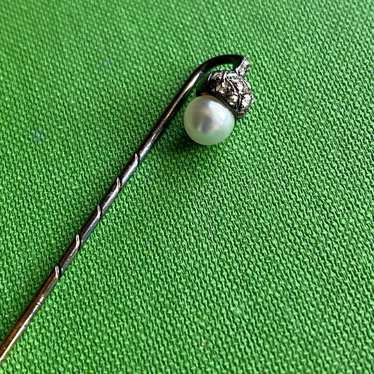 Antique Edwardian Pearl & Diamond Pave Articulated Dangling Acorn Stick Pin in Oxidized Silver c. 1910, Art Deco, En Tremblant, Figural, 1900's, Vintage,
