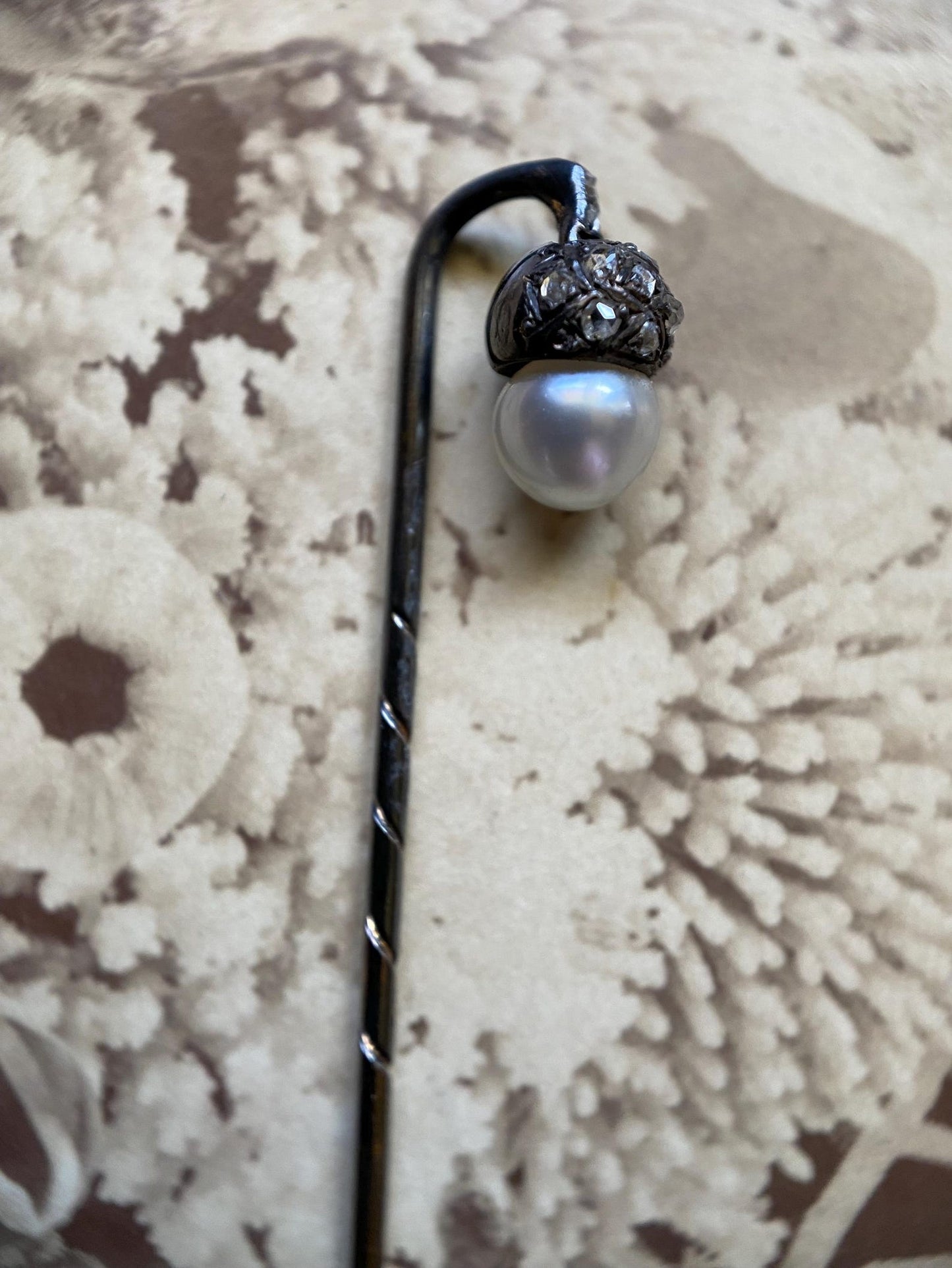 Antique Edwardian Pearl & Diamond Pave Articulated Dangling Acorn Stick Pin in Oxidized Silver c. 1910, Art Deco, En Tremblant, Figural, 1900's, Vintage,