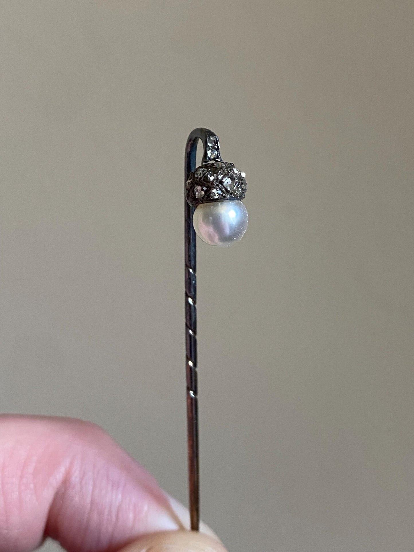 Antique Edwardian Pearl & Diamond Pave Articulated Dangling Acorn Stick Pin in Oxidized Silver c. 1910, Art Deco, En Tremblant, Figural, 1900's, Vintage,