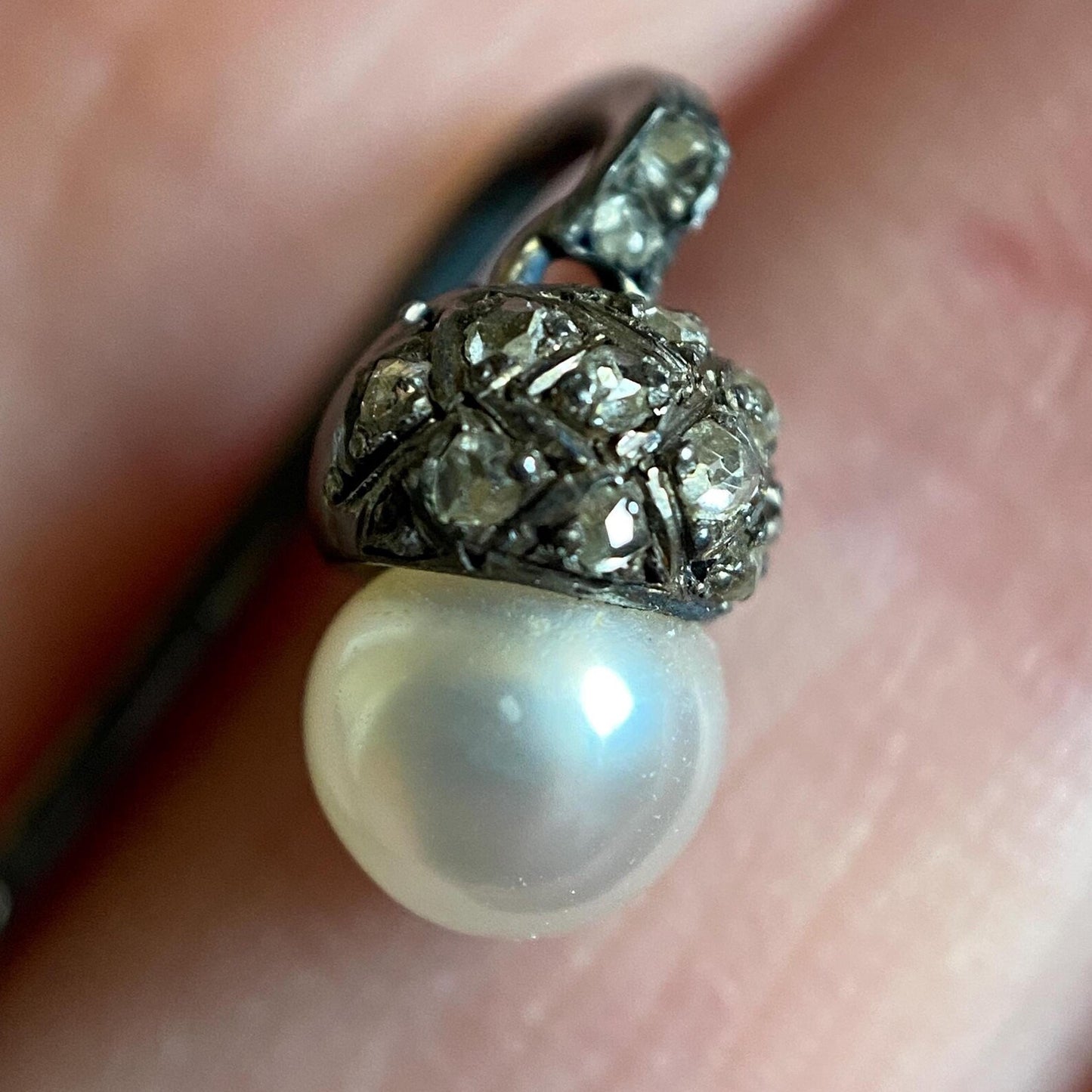 Antique Edwardian Pearl & Diamond Pave Articulated Dangling Acorn Stick Pin in Oxidized Silver c. 1910, Art Deco, En Tremblant, Figural, 1900's, Vintage,