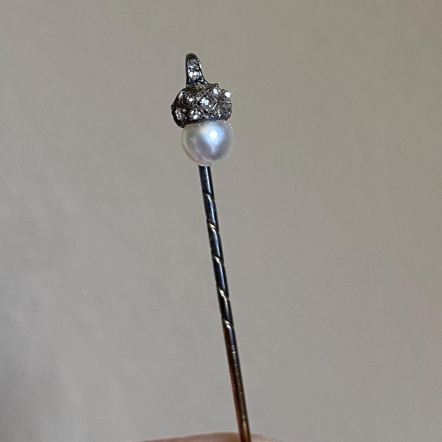 Antique Edwardian Pearl & Diamond Pave Articulated Dangling Acorn Stick Pin in Oxidized Silver c. 1910, Art Deco, En Tremblant, Figural, 1900's, Vintage,