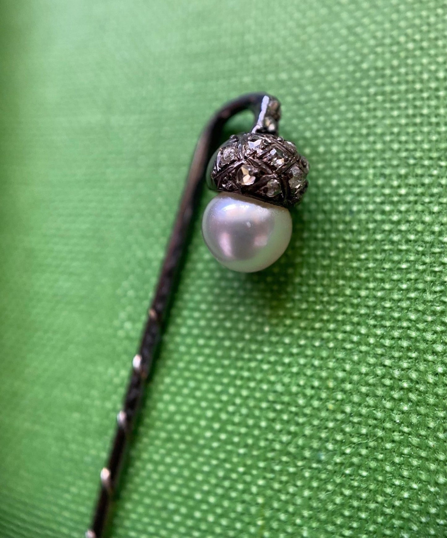 Antique Edwardian Pearl & Diamond Pave Articulated Dangling Acorn Stick Pin in Oxidized Silver c. 1910, Art Deco, En Tremblant, Figural, 1900's, Vintage,
