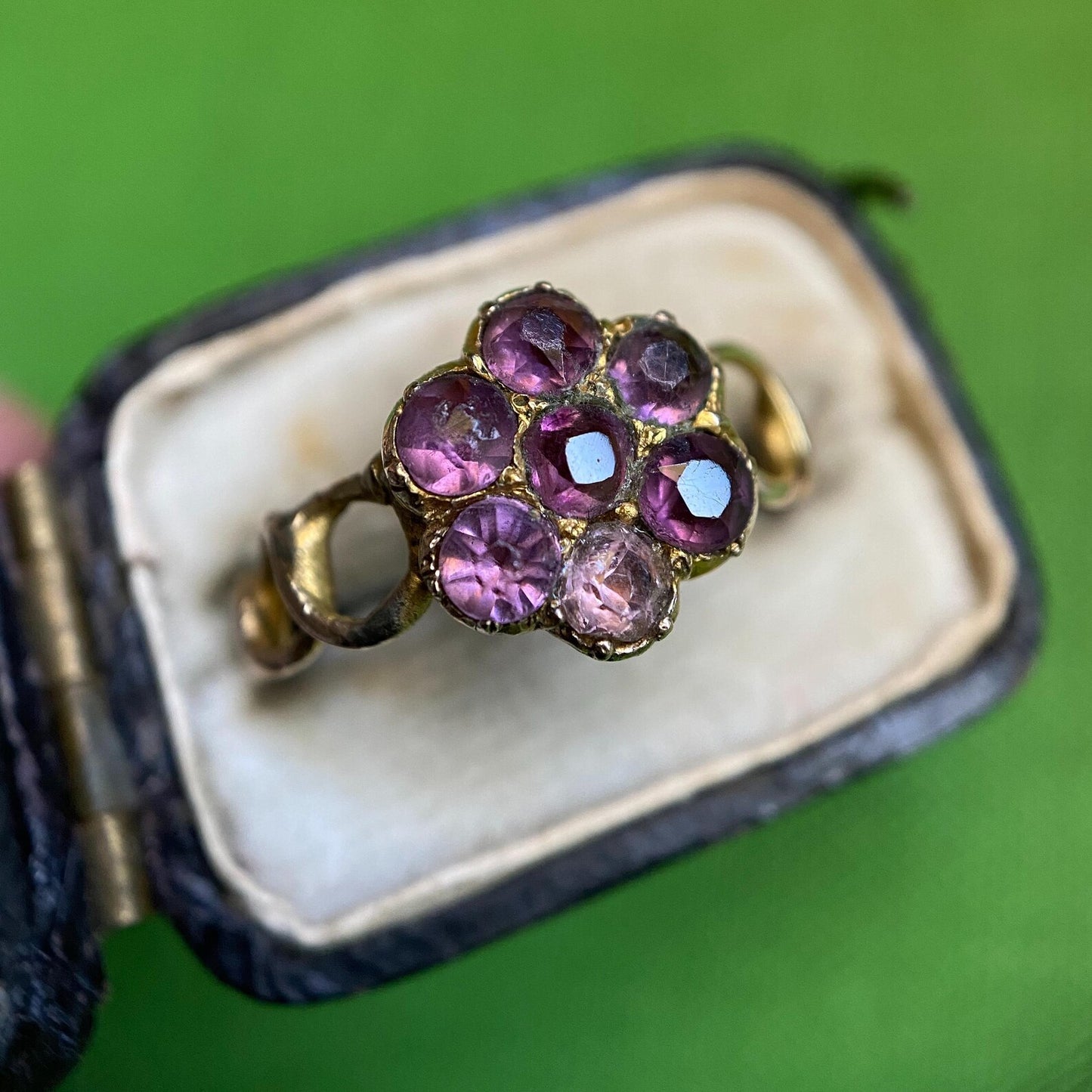 Antique Georgian Amethyst Paste Infinity Shoulder Pansy Ring in 9k Gold c. 1820, Sentimental, Love Token, Pense a Moi, 1800s, Flower, Dainty